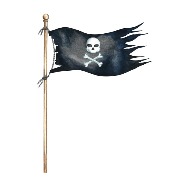 一张旧的破损海盗旗。手绘水彩插画。彩色图像。孤立。适用于儿童游戏和庆祝活动。用于贴纸、邀请函、海报和横幅、包装等。图片下载