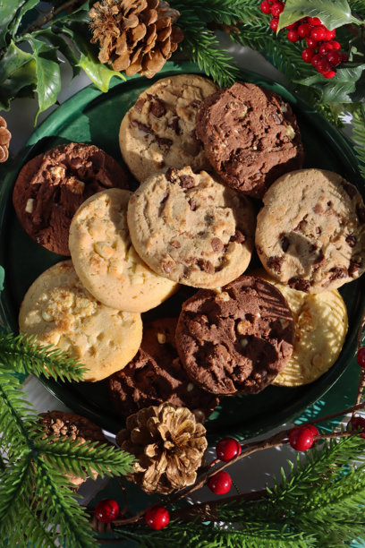 圣诞花环盘子，配有饼干、巧克力碎饼干、新鲜浆果和时令叶子 / 节日美食图片下载