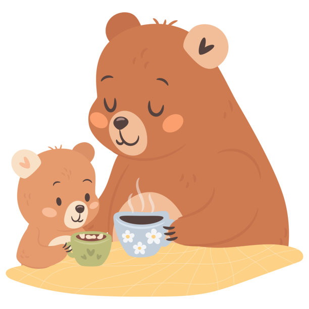 可爱卡通茶歇时光妈妈熊与孩子插画，献给母亲节图片下载
