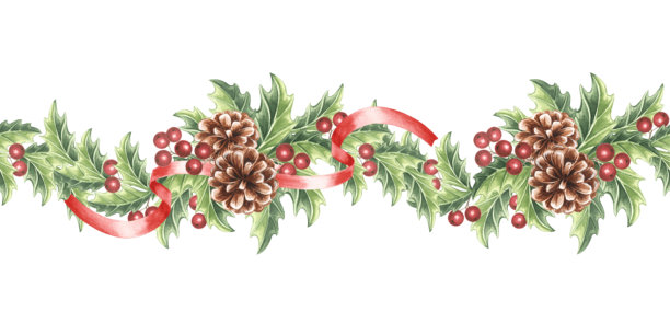 水彩风格冬青绿叶与红浆果、丝带和云杉球果构成的无缝边框，用于圣诞设计。手绘复古插画，传统植物，适合冬季节日背景、纺织品图片下载