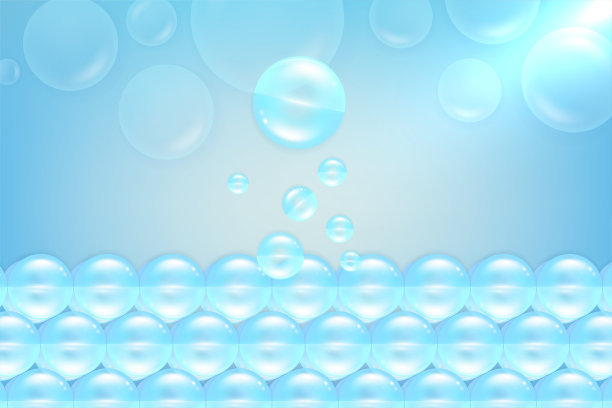 透明质酸和烟酰胺护发护肤精华广告，蓝色胶原蛋白精华滴入细胞，配有化妆品广告背景，插画矢量图，即用型。图片下载