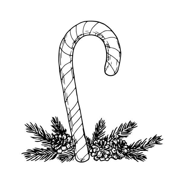 新年棒棒糖拐杖，手绘风格。矢量插画。圣诞糖果、松枝和松果，孤立在白色背景上。适用于新年礼物、贺卡、邀请函和纺织品的设计概念。图片下载