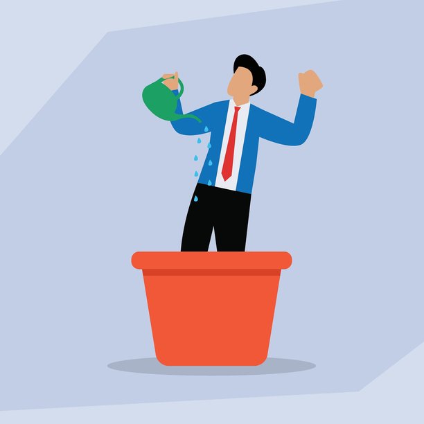 男人在花盆里给自己浇水，象征个人成长和自我发展，2D扁平矢量插画图片下载