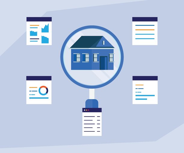 房地产市场分析与房产搜索概念，带放大镜下的房屋，2D扁平矢量插画图片下载