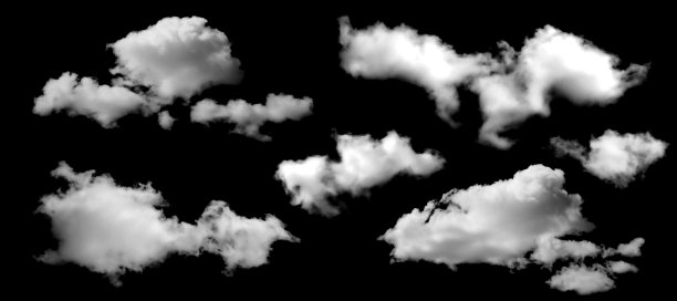 逼真的白色云朵，孤立在黑色背景上，非常适合用作天空叠加、照片合成、数字艺术、天气设计元素以及创意视觉效果，应用于图形设计项目。图片下载