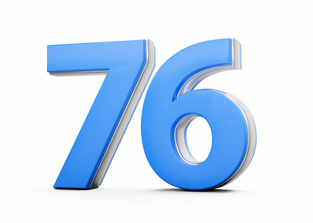 数字76的3D插画，由蓝色身体和银色轮廓组成，背景为白色图片下载