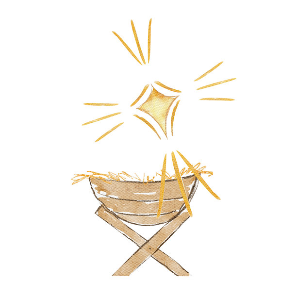 带有暖棕色木材和金色稻草的马槽，以及一颗发光的圣诞之星。手绘水彩插画，孤立在白色背景上。图片下载