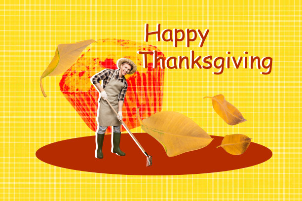 快乐农民在秋季的潮流艺术拼贴画横幅，他手持工具清理落叶，旁边还有美味的松饼甜点，节日为感恩节图片下载