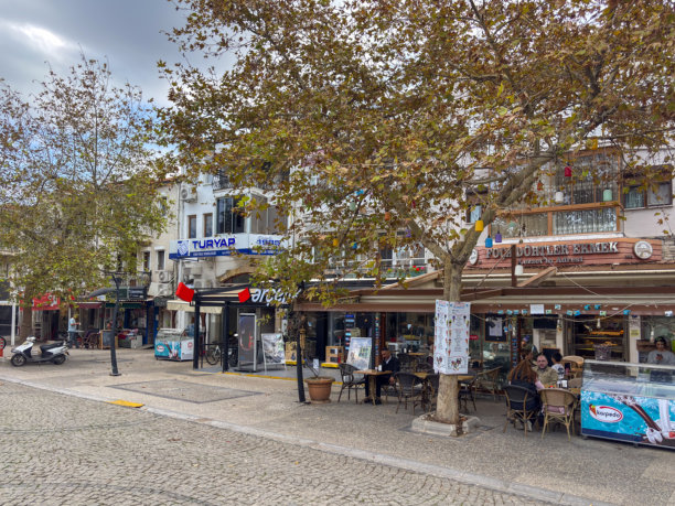 福卡伊兹密尔度假小镇的中央街道，两侧有餐厅和纪念品商店，HDR照片图片下载