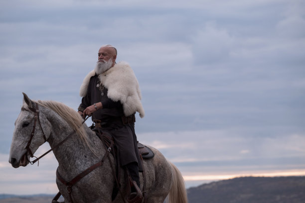 一位身披毛皮斗篷的雄伟维京首领骑着一匹花斑灰马，在戏剧性的多云天空下，俯瞰着荒凉的山地景观，散发出强大的气场。图片下载