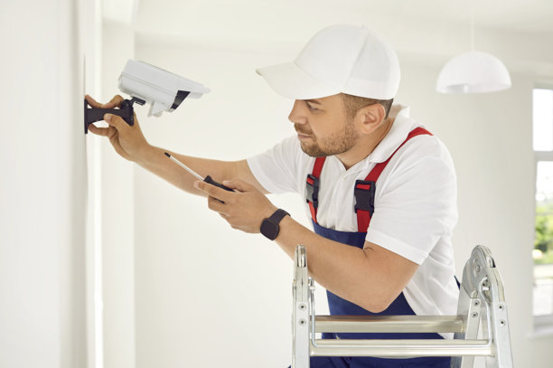 电工在明亮的办公空间里，在墙上安装并拧紧监控摄像头。图片下载