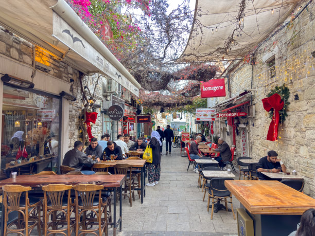 福卡伊兹密尔度假小镇的中央街道，街道两旁有餐厅和纪念品商店，HDR照片图片下载