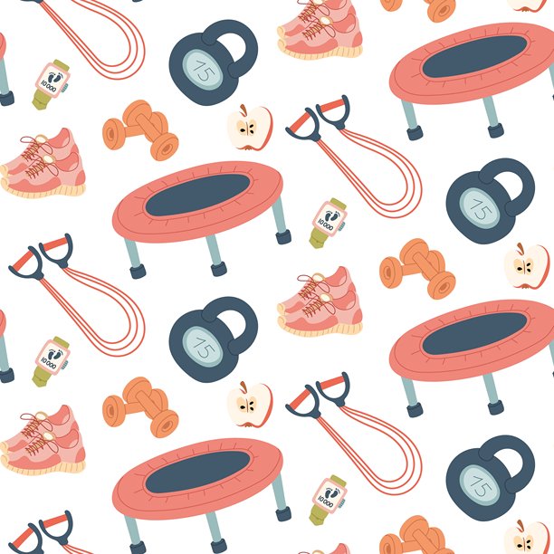 健身用品图案。运动鞋、哑铃、蹦床、时钟、苹果、拉伸。无缝纹理的扁平彩色插画。适用于海报、运动服、应用程序、包装、积极生活方式、锻炼图片下载