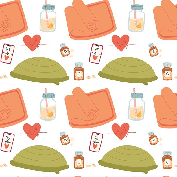 健身物品图案。波速球、瑜伽垫、柠檬水瓶、维生素、手机、心率。平铺彩色插画，无缝纹理。用于海报、运动服、包装和健康博客图片下载