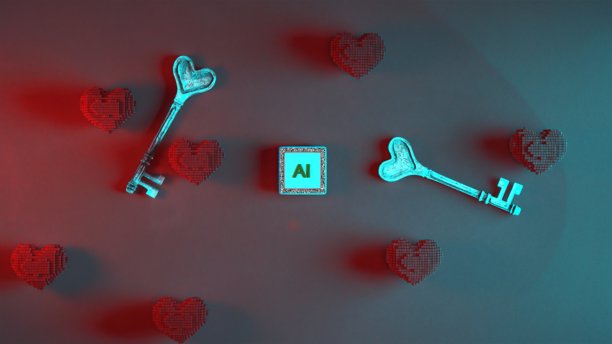 渐变背景上的心形金属钥匙、像素心形和人工智能立方体图片下载