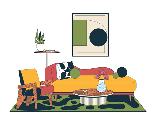 休息室客厅沙发和扶手椅 2D矢量插画图片下载