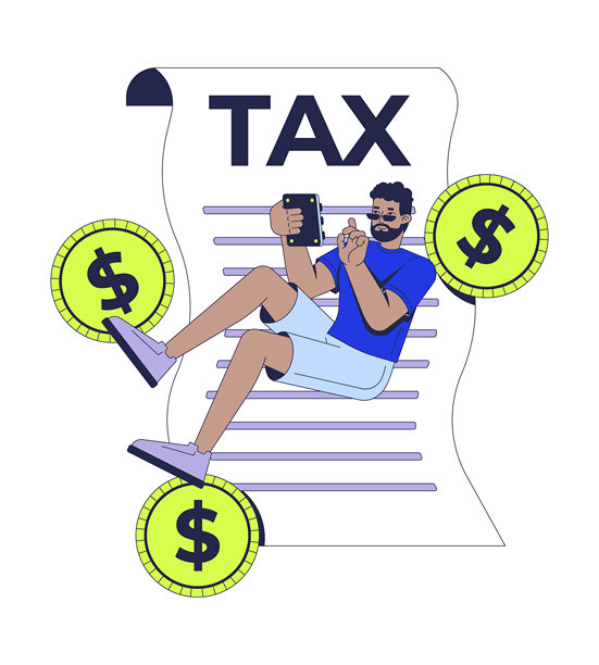 黑色皮肤的纳税人，手持税表和计算器，2D插画概念图片下载