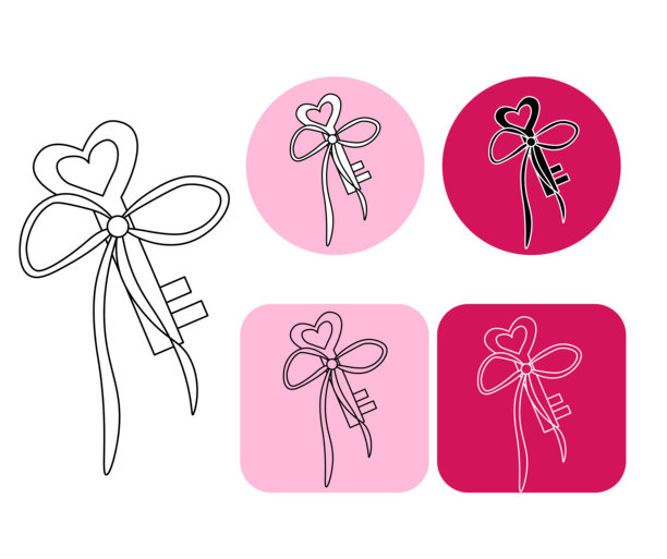 旧门钥匙与爱心抽象图标标志，情人节。矢量线条黑白插画，适用于包装、节日设计、布料和纺织品。图片下载