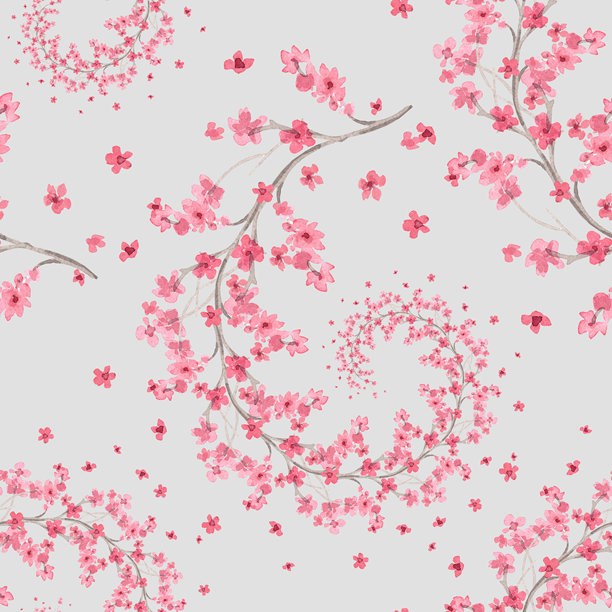 灰色背景上螺旋形樱花枝的无缝图案。水彩手工插画。用于面料、壁纸、贺卡、设计、装饰和插画。图片下载
