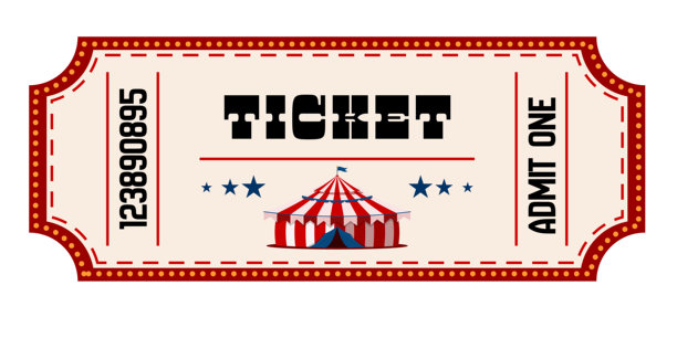 复古马戏团门票插画，红色虚线边框，蓝色星星，帐篷图标，演出通行证，单人入场，嘉年华入场券。图片下载
