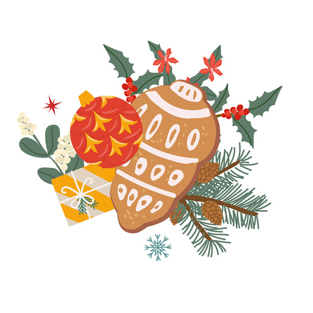 矢量姜饼人饼干和礼物，冬季植物，装饰球插画，孤立在透明背景上。图片下载