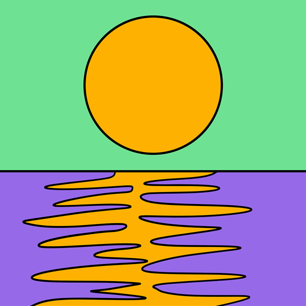 复古波普艺术水上日落插画。 鲜艳迷幻的太阳倒影涂鸦。 抽象的天空与水域景观。 涂鸦风格的太阳与海洋背景图片下载