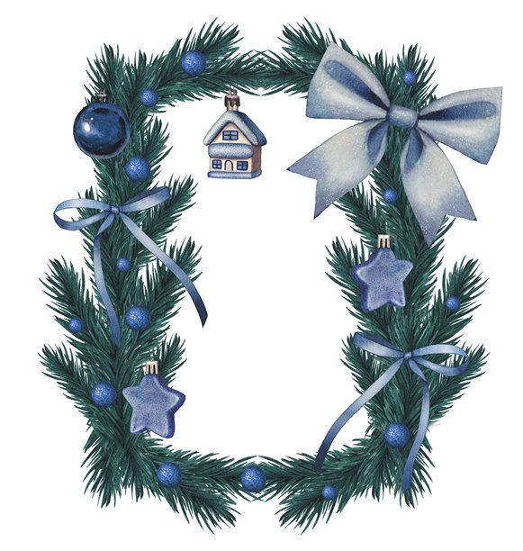 手绘圣诞边框，饰有松枝、蓝色饰品和蓝色蝴蝶结。水彩插画。图片下载