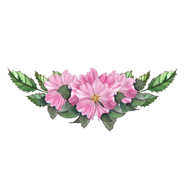 水彩花环，饰有粉色花朵，用于餐具的插画图片下载