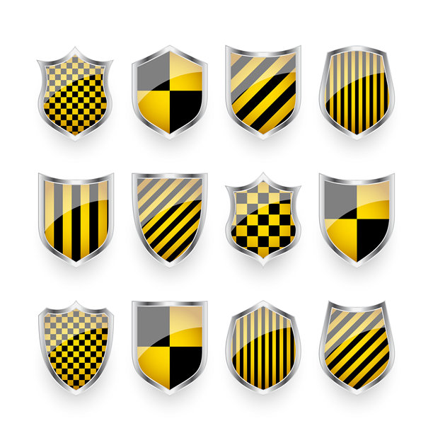 带有黄黑图案的光泽盾牌。安全与保护概念。网络安全图标、互联网隐私、网络防御、数字数据保护和防病毒主题。矢量插画图片下载