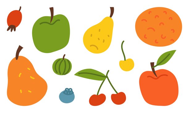 健康饮食的水果、蔬菜和浆果组合。包括苹果、梨、橙子、樱桃、甜樱桃、蓝莓等。扁平化彩色插画。适用于海报、博客、健身、夏日生活方式。图片下载