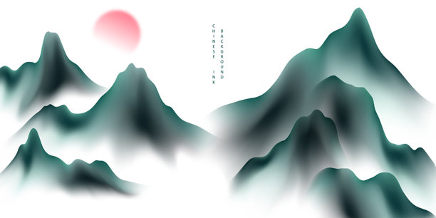 现代设计矢量插画，描绘了中国水墨山水画的美丽景象。图片下载