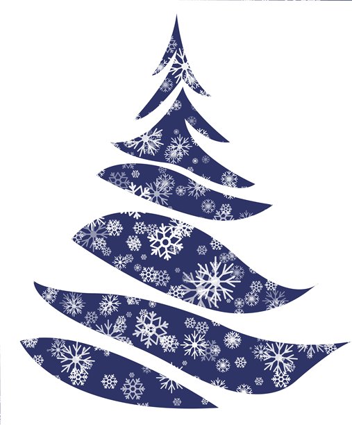 插画以风格化的圣诞树为特色，拥有流畅的线条和精致的雪花，色调为蓝色。图片下载