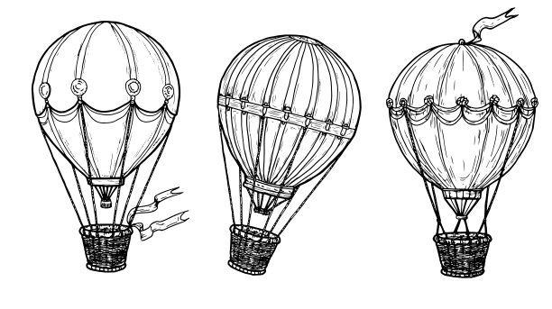 带柳条篮的热气球，黑白墨水素描。矢量插画。带丝带的热气球，套装，孤立在白色背景上。用于明信片、儿童读物和纺织品印刷图片下载