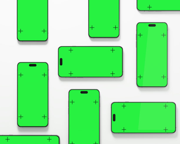 写实风格的智能手机模型。一组带有抠像绿色屏幕的手机样本，孤立在白色背景上。设备正面视图。3D图像图片下载