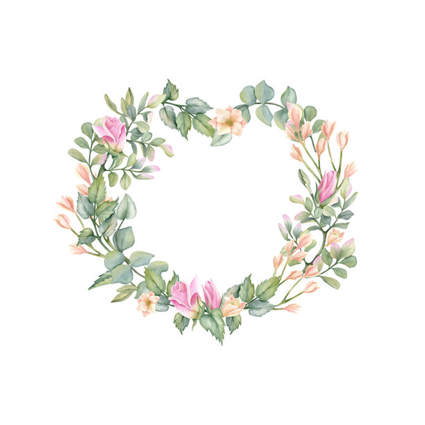 花卉绿心形。叶子和精致的玫瑰花环，空白模板。情人节的爱情相框。水彩插画，与背景分离。适合乡村婚礼的深情花卉。图片下载