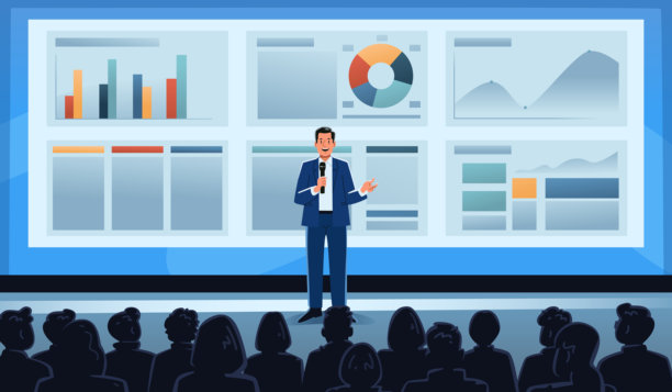 一位男士在大会厅向众多听众发表演讲，进行商务培训或公司会议。矢量插画图片下载