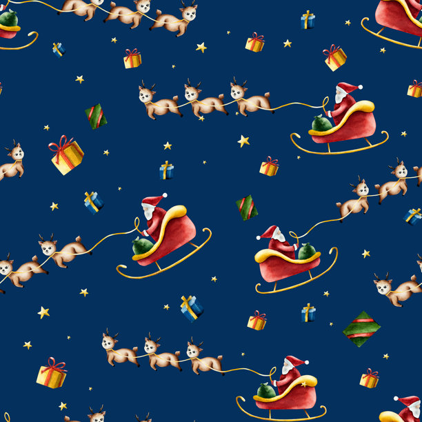 圣诞老人乘坐装满礼物的红色雪橇，可爱微笑的鹿、驯鹿、圣诞小鹿，水彩手绘插画，背景隔离。适用于设计师、装饰、商店、明信片、包装纸、封面。图片下载