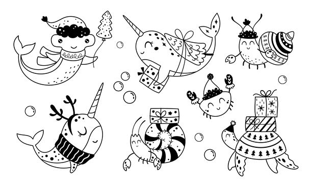 黑白圣诞海洋生物剪贴画集。可爱的圣诞节海洋角色涂鸦。节日海底。假日航海插画。图片下载