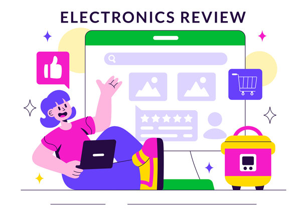电子产品评测矢量插画，包含客户对服务质量的评分和用户反馈，背景为扁平卡通风格图片下载