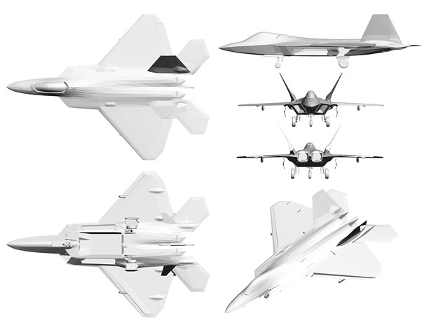 多边形战斗机编队作战，拥有四种不同翼展和空气动力学形状的设计。以从浅到深的灰色渲染，细节清晰可见。图片下载