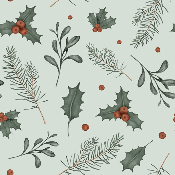 水彩风格的圣诞冬青红浆果和冷杉枝条的无缝图案。手绘插画，孤立背景。冬季新年松枝重复图案。图片下载