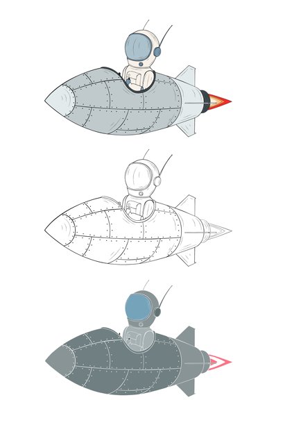 复古宇航员驾驶火箭飞船插画，包含三种变体图片下载