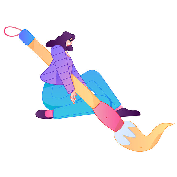 扁平渐变矢量插画：一人手持毛笔。图片下载