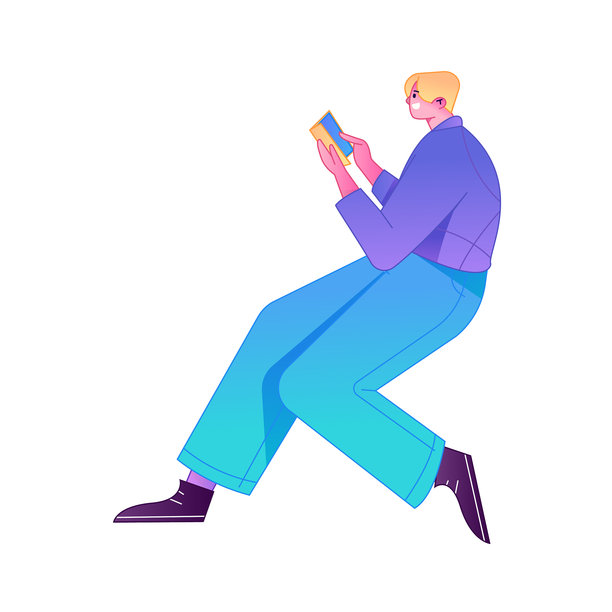 矢量扁平渐变插画，描绘了一个阅读书籍的角色。图片下载