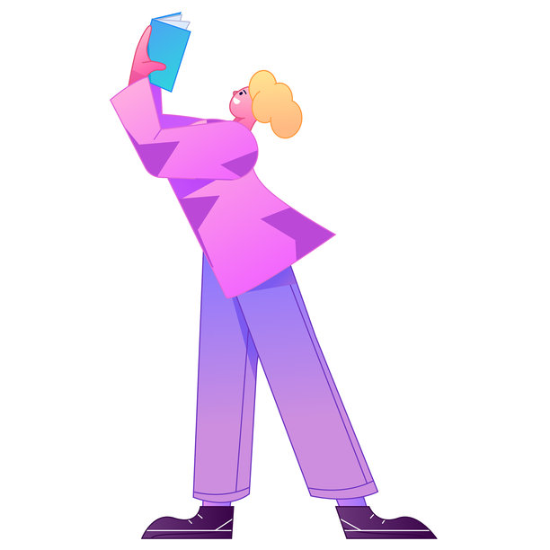 矢量扁平渐变插画，一位角色正在阅读书籍。图片下载