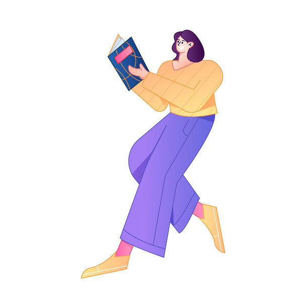 矢量渐变插画，描绘了一个正在阅读书籍的角色。图片下载