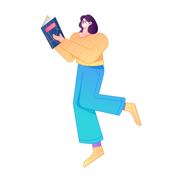 矢量渐变扁平风插画，描绘了一个正在阅读书籍的角色。图片下载