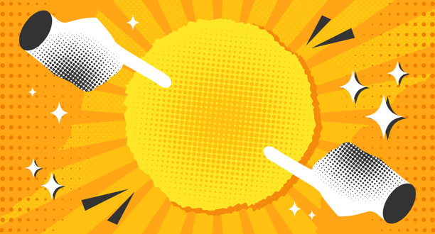 流行艺术漫画背景，装饰有指向的手。复古风格的背景，带有彩色半色调、圆点和射线。矢量插画图片下载