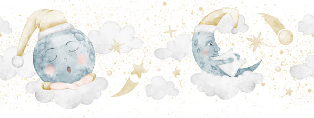 月亮水彩无缝边框，包含云彩、星星和宇宙飞溅效果。用于婴儿房设计的梦幻天空图案插画。柔和色彩的梦幻天体艺术，适合婴儿洗澡祝福卡或邀请函。图片下载