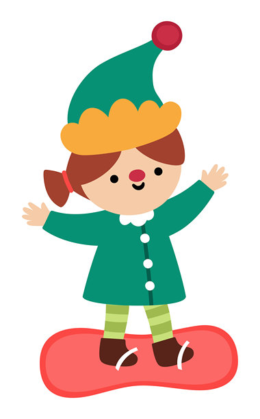 矢量圣诞滑冰精灵女孩，戴着绿色帽子，脚踩滑雪板。可爱的  新年象征侏儒在进行冬季运动，为儿童设计的插画。冬季假日的矮人图标，孤立在白色背景上。图片下载